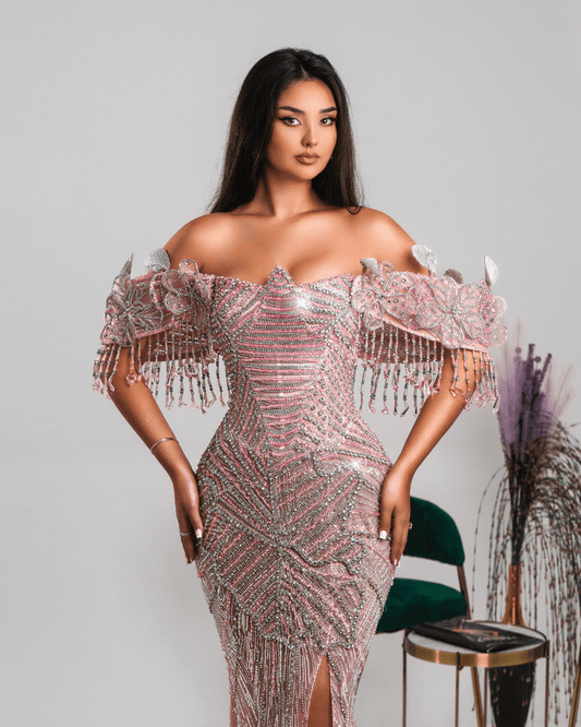 Kaone Pink Long Dress with Crystals and Flowers - BLINI