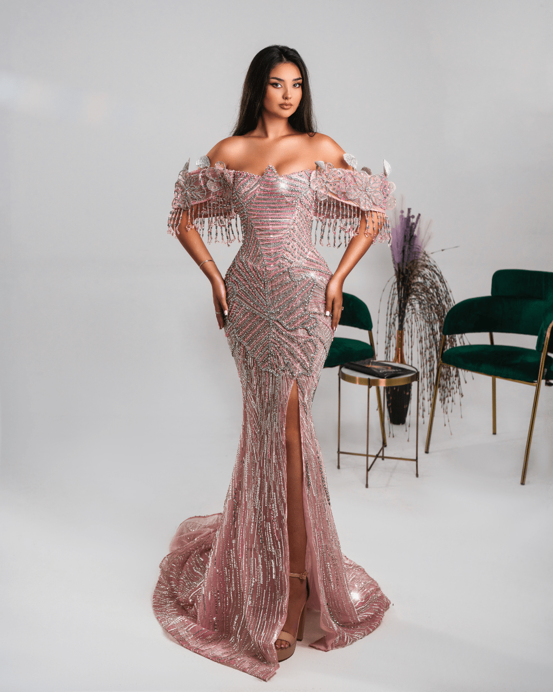 Kaone Pink Long Dress with Crystals and Flowers - BLINI