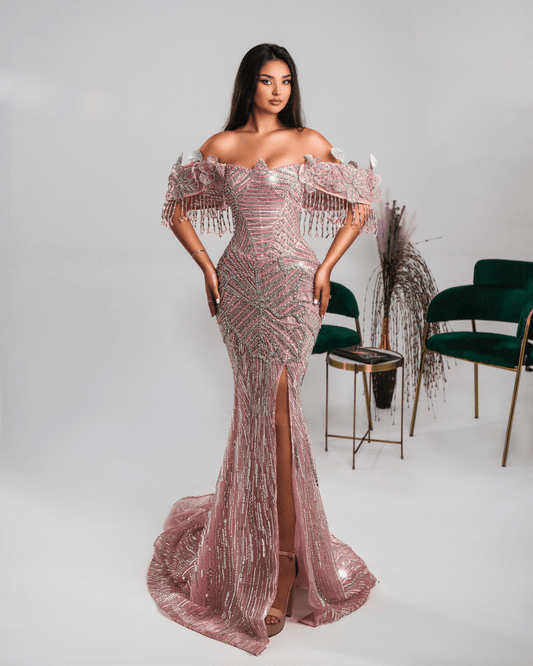 Kaone Pink Long Dress with Crystals and Flowers - BLINI