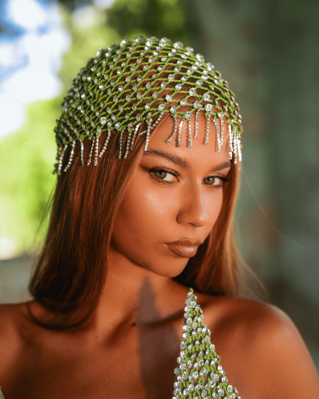 Kyra Lime Green Sparkling Dress with Deep V Neck - BLINI