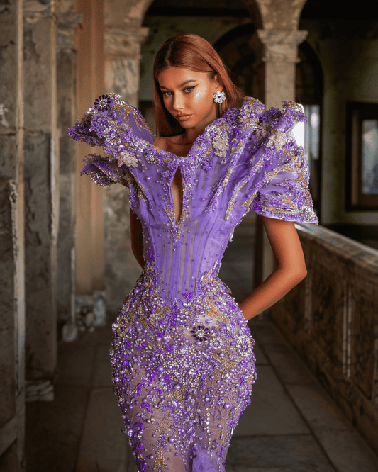 Laera Purple Mermaid Sleeveless Dress with Crystals - BLINI