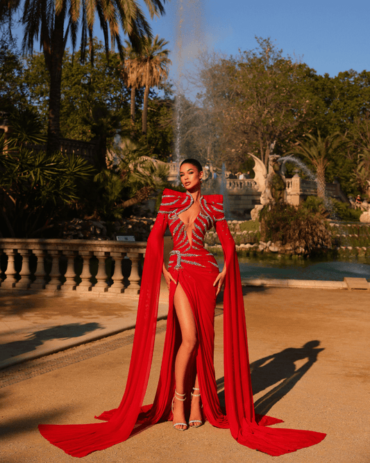 Laesa Red Long Dress, with Cape and Cut Outs - BLINI