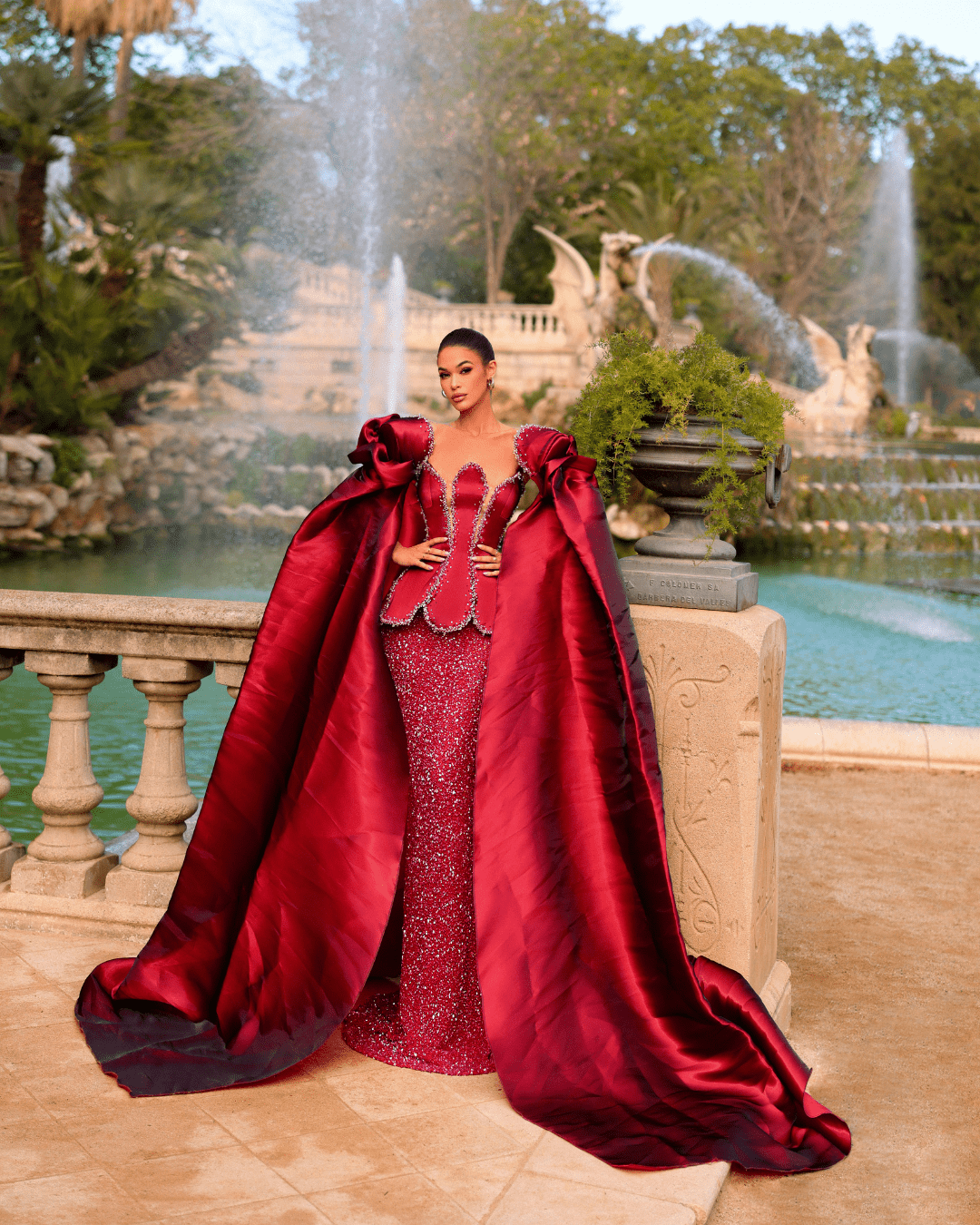 Laria Red Long Dress, with Cape and Crystals - BLINI