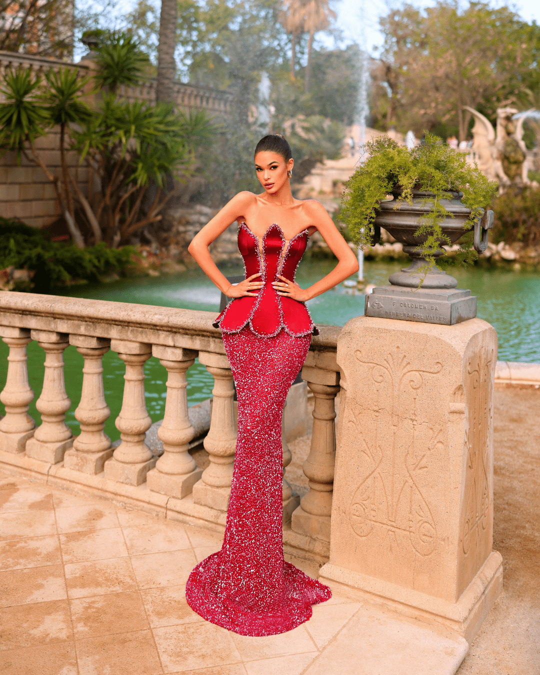 Laria Red Long Dress, with Cape and Crystals - BLINI