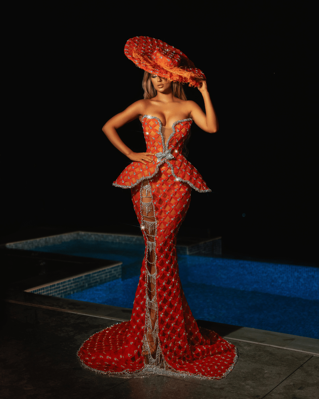 Layna Orange Dress with Crystals and Hat - BLINI