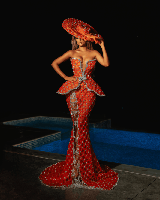 Layna Orange Dress with Crystals and Hat - BLINI