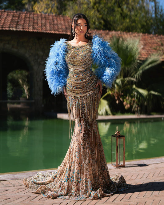 Lefevre Deep Blue Gown with Crystal and Feather Embellishments - BLINI