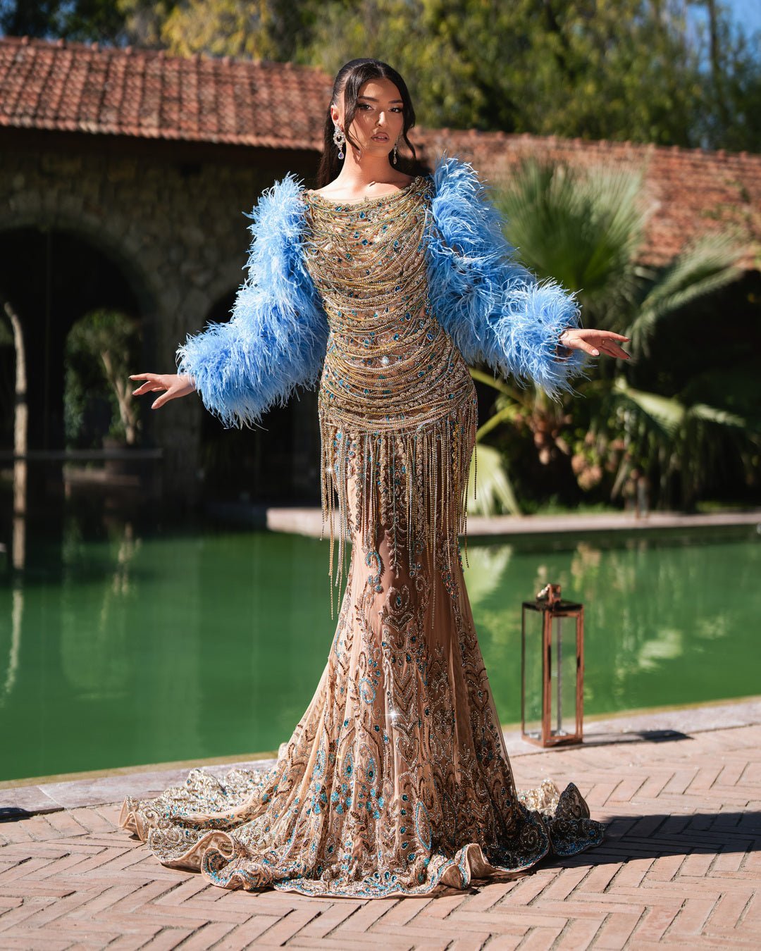 Lefevre Deep Blue Gown with Crystal and Feather Embellishments - BLINI