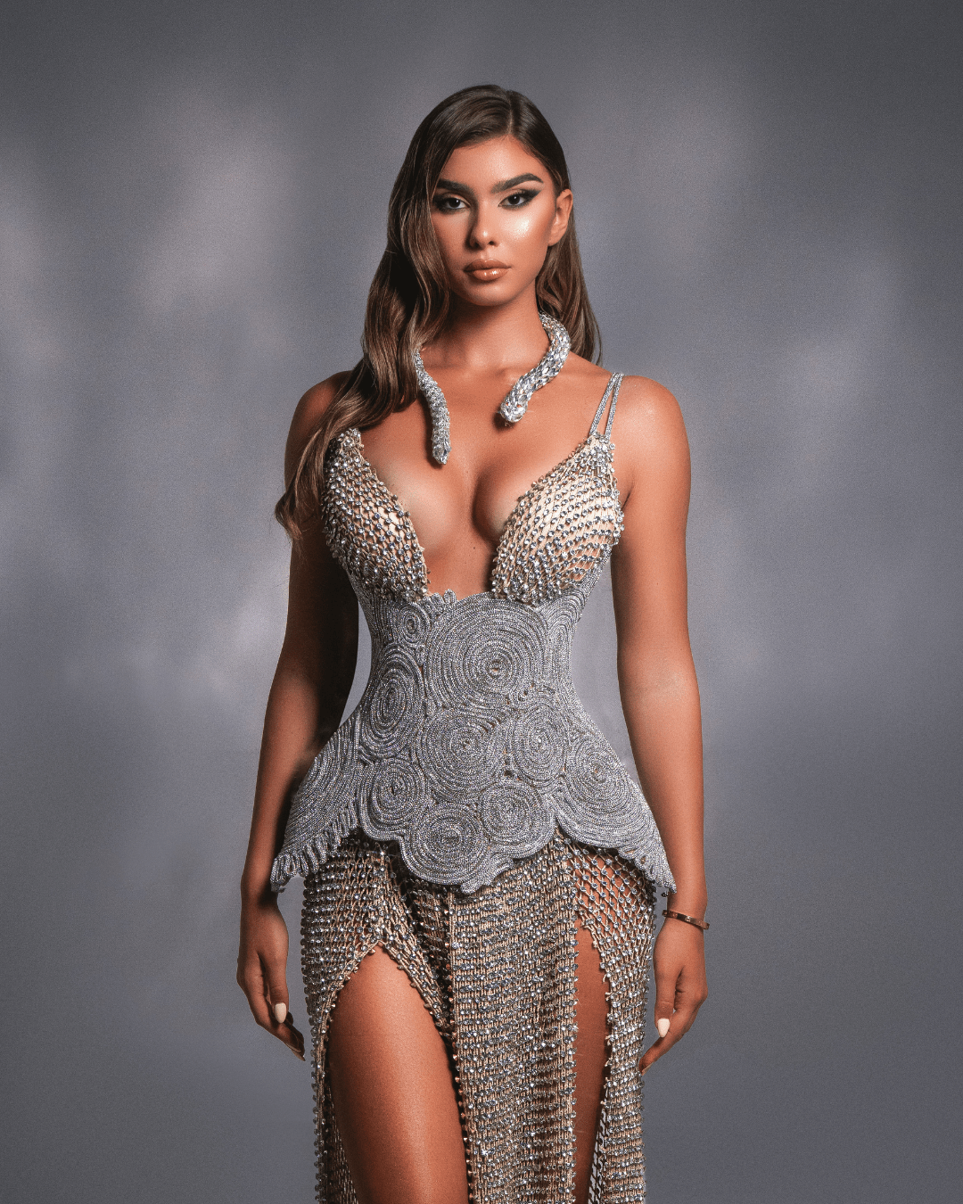 Lenea Silver Long Dress with Cut - Outs and Snake Detail - BLINI