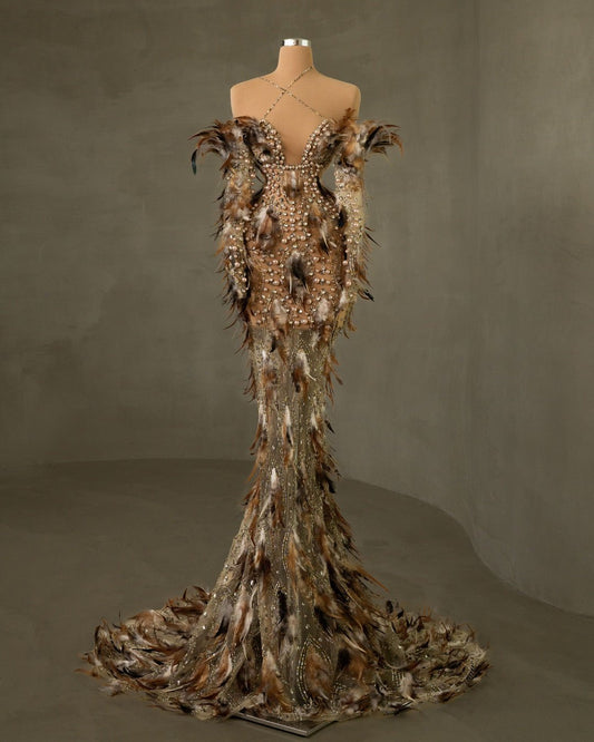 Leopárd Off Shoulder Dress with Beads and Feathers - BLINI