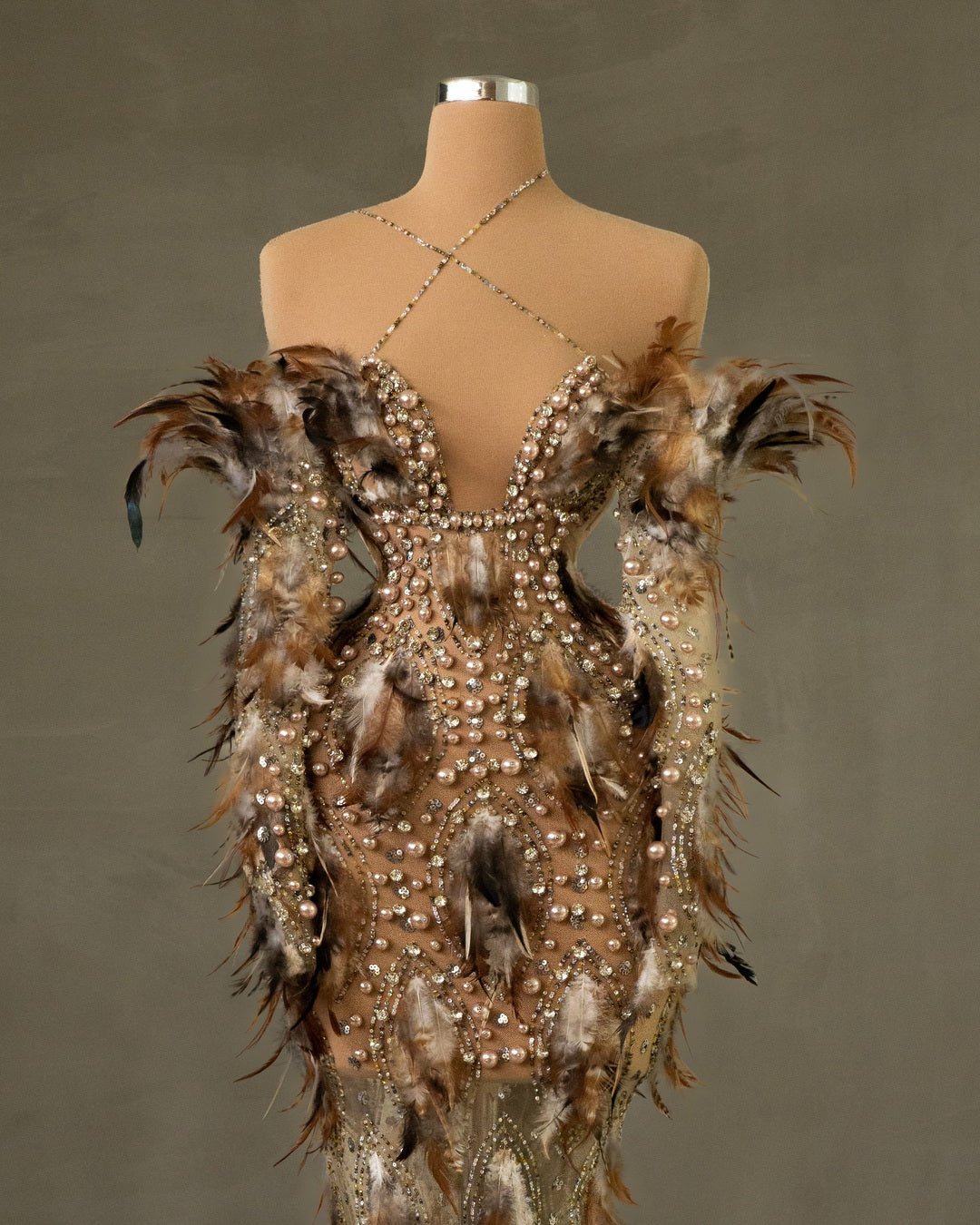 Leopárd Off Shoulder Dress with Beads and Feathers - BLINI