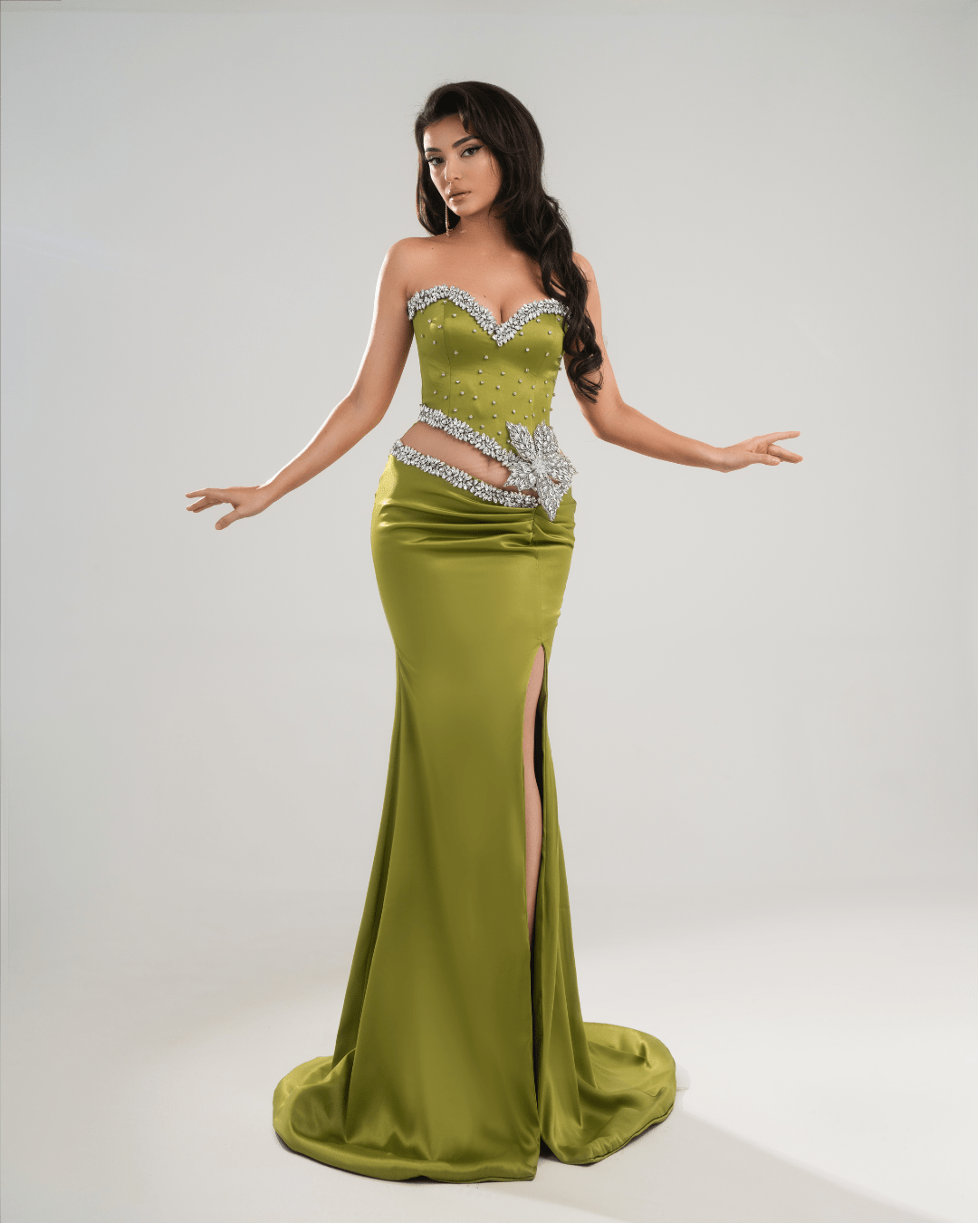 Lerene Green Long Dress with Crystals and Flowers - BLINI