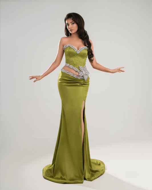 Lerene Green Long Dress with Crystals and Flowers - BLINI