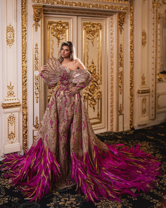 Leuessa Gold Dress with Pink Details and Overskirt - BLINI