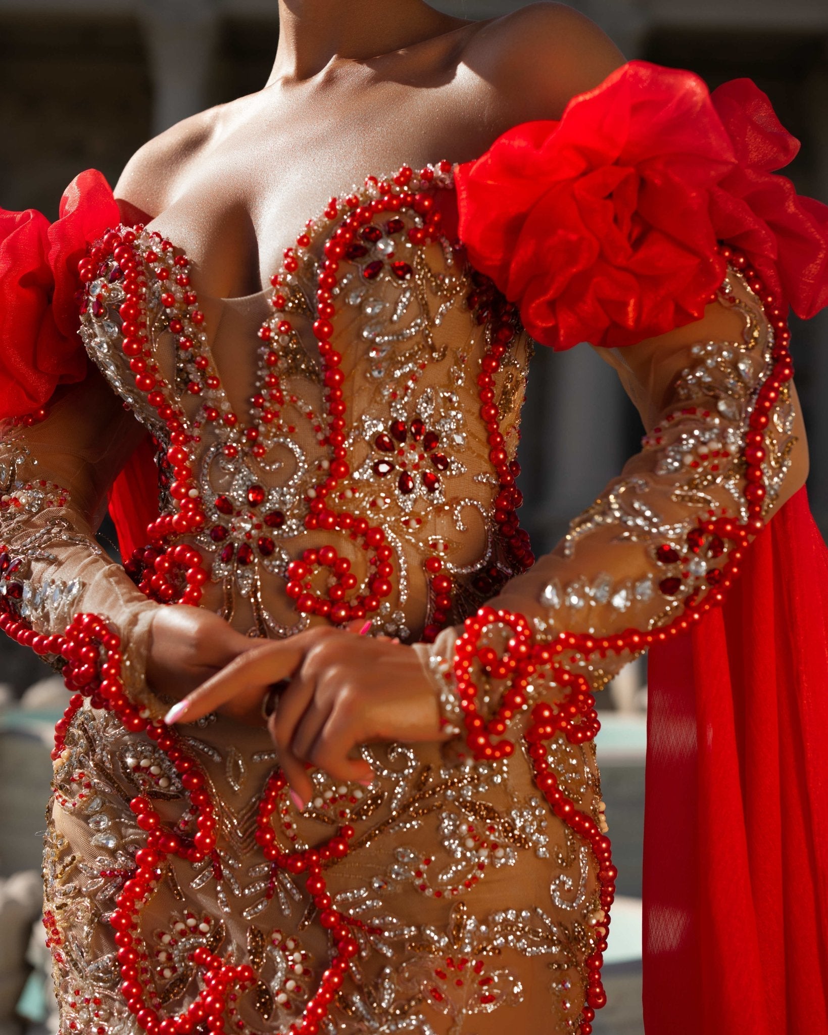 Lia Off Shoulder Dress with Side Cape Embellished in Beads - BLINI