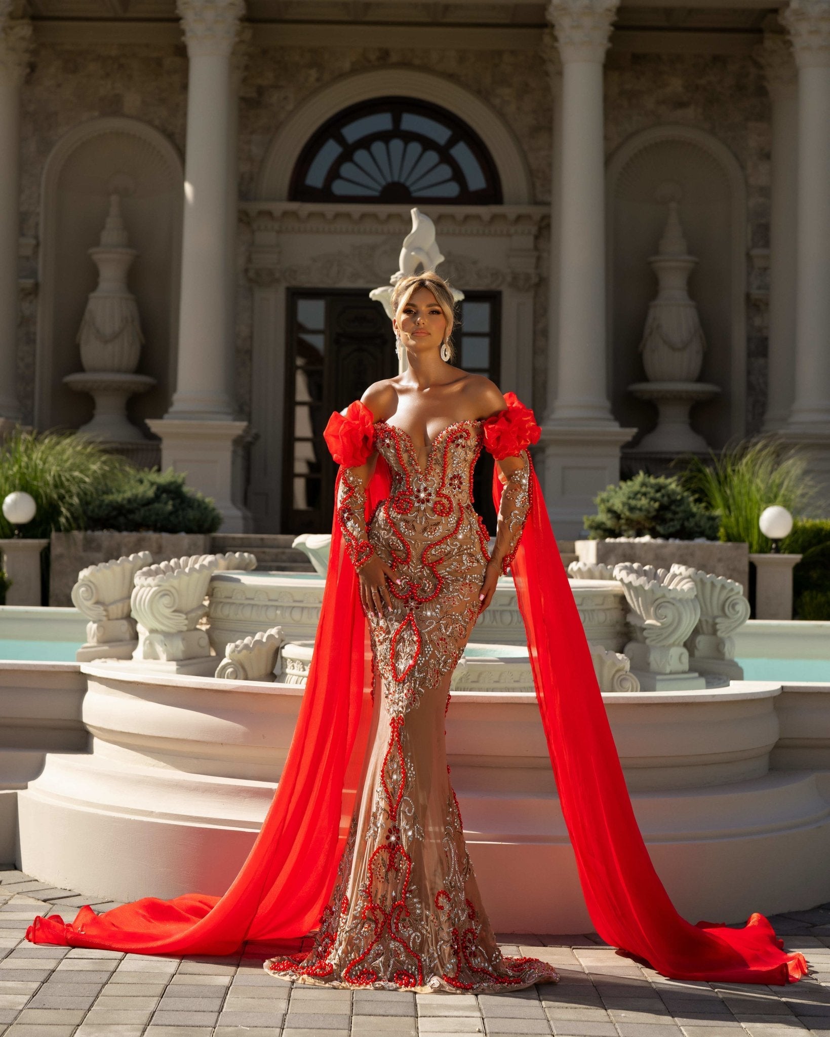 Lia Off Shoulder Dress with Side Cape Embellished in Beads - BLINI