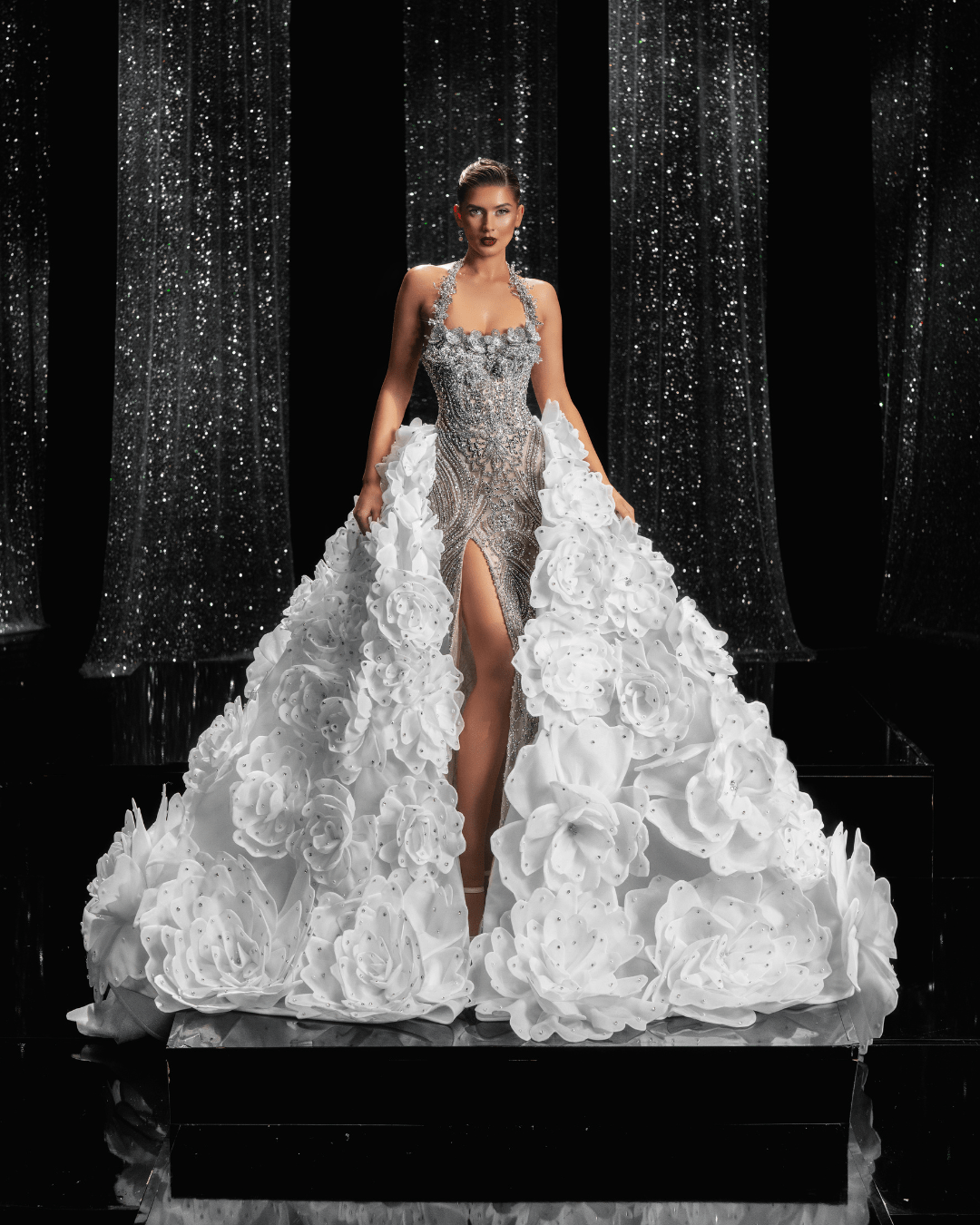 Liliana Bridal Dress with Flower Details and Cape - BLINI