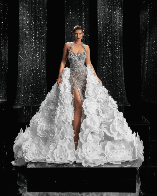 Liliana Bridal Dress with Flower Details and Cape - BLINI