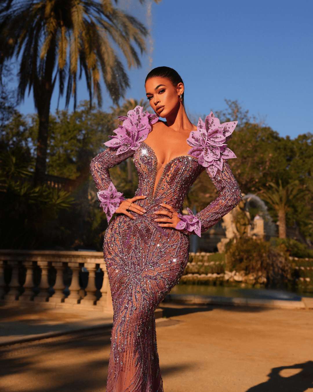 Lisia Lavander Long Dress, with Crystals and Feathers - BLINI