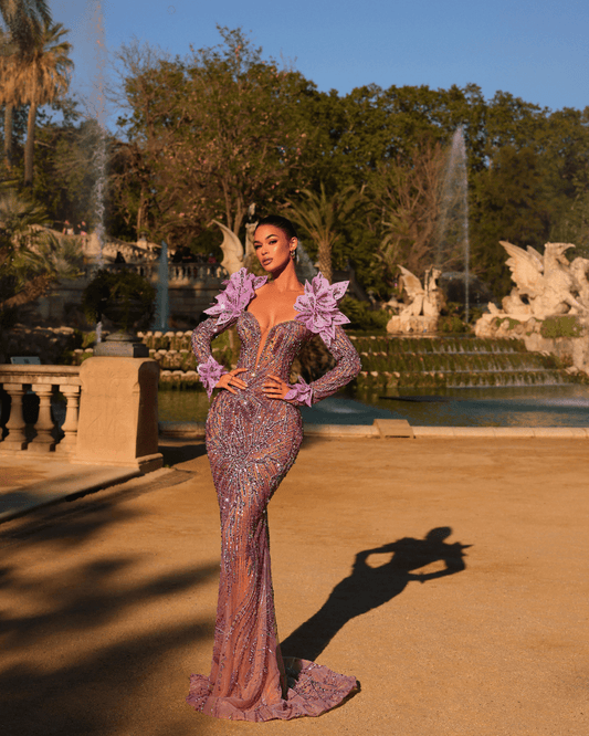 Lisia Lavander Long Dress, with Crystals and Feathers - BLINI