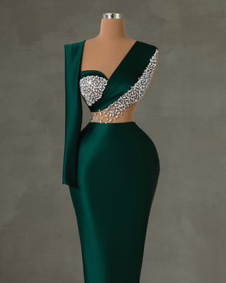 Luxury one shoulder dress with asymmetrical neckline and crystal embellishments