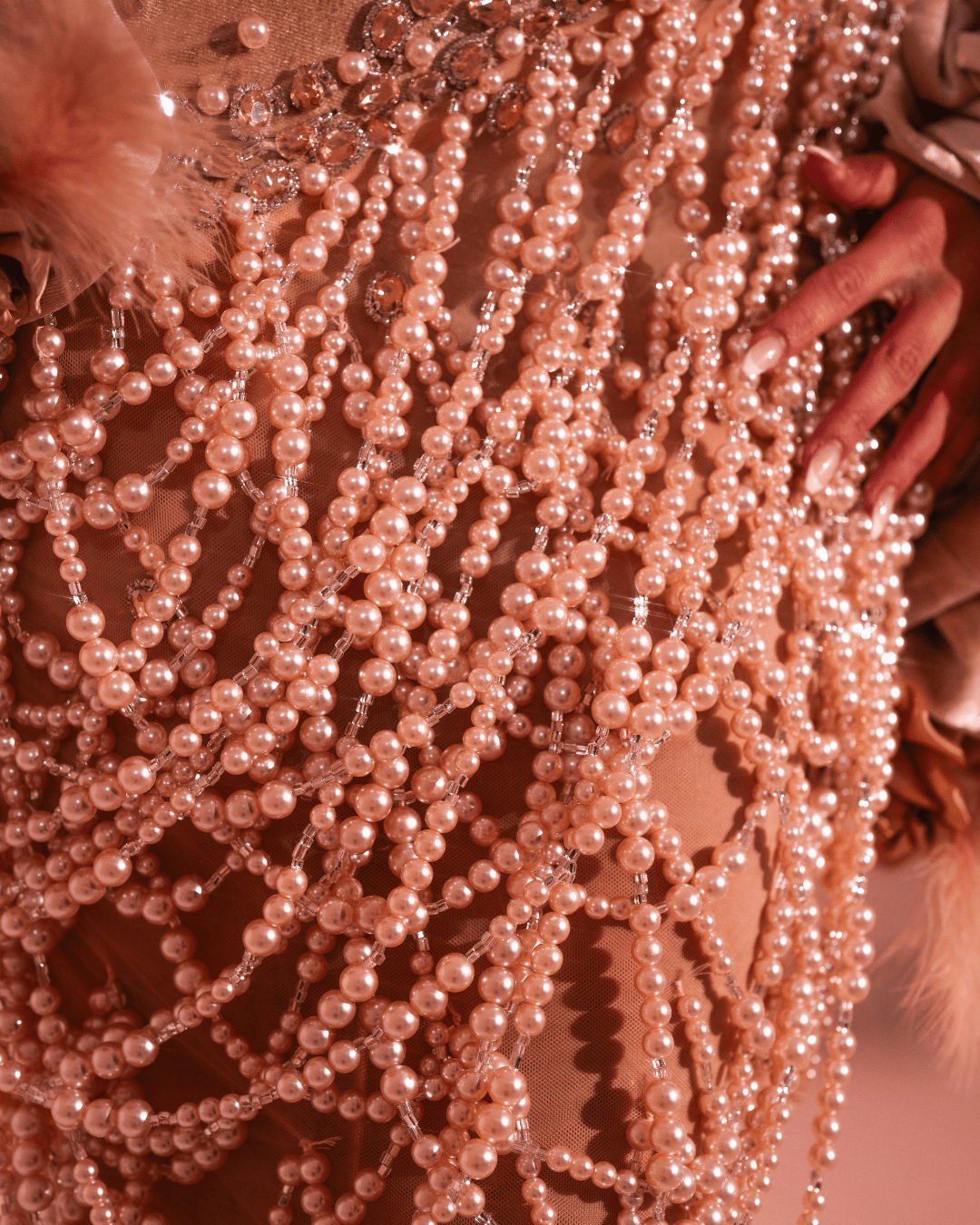 Loana Nude Long Sleeveless Dress with Pearls and Cape - BLINI