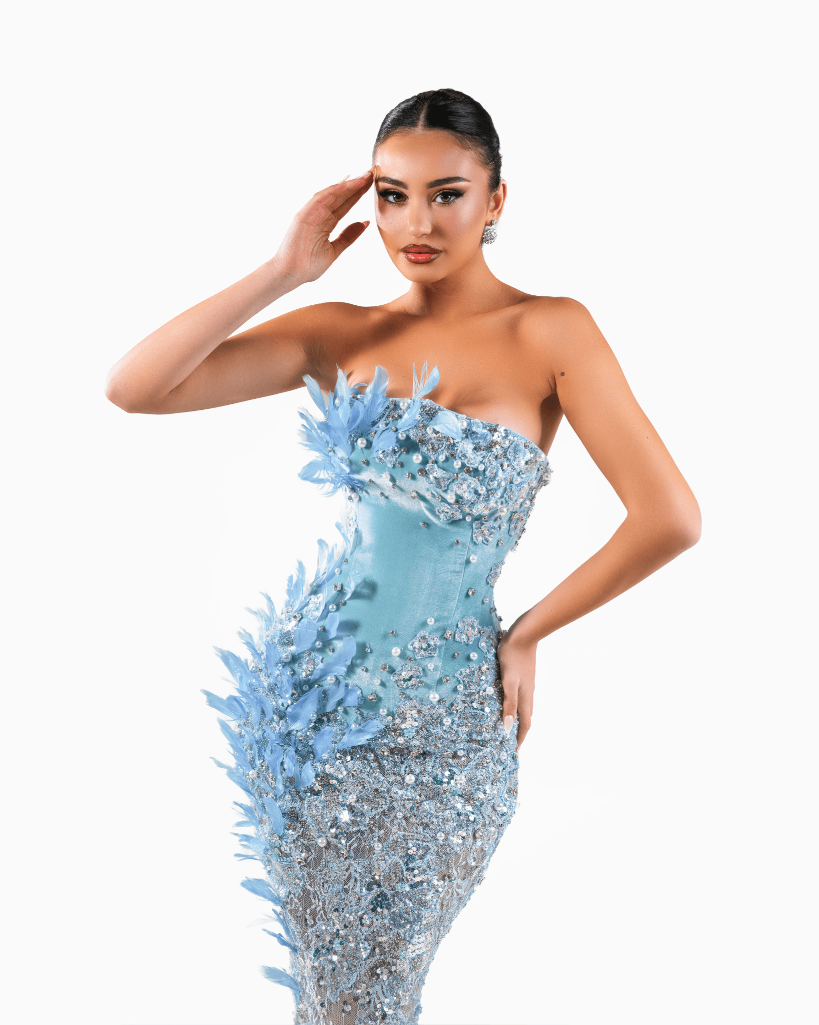 Loera Blue Long Dress with Crystals and Feathers - BLINI