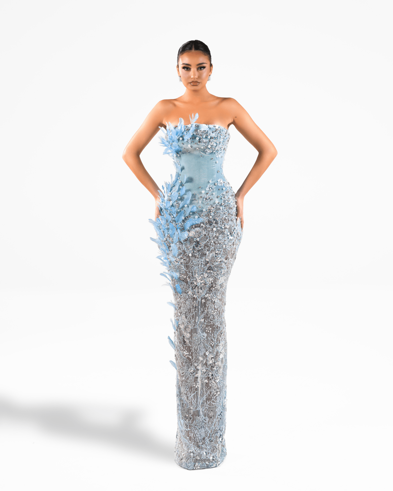 Loera Blue Long Dress with Crystals and Feathers - BLINI