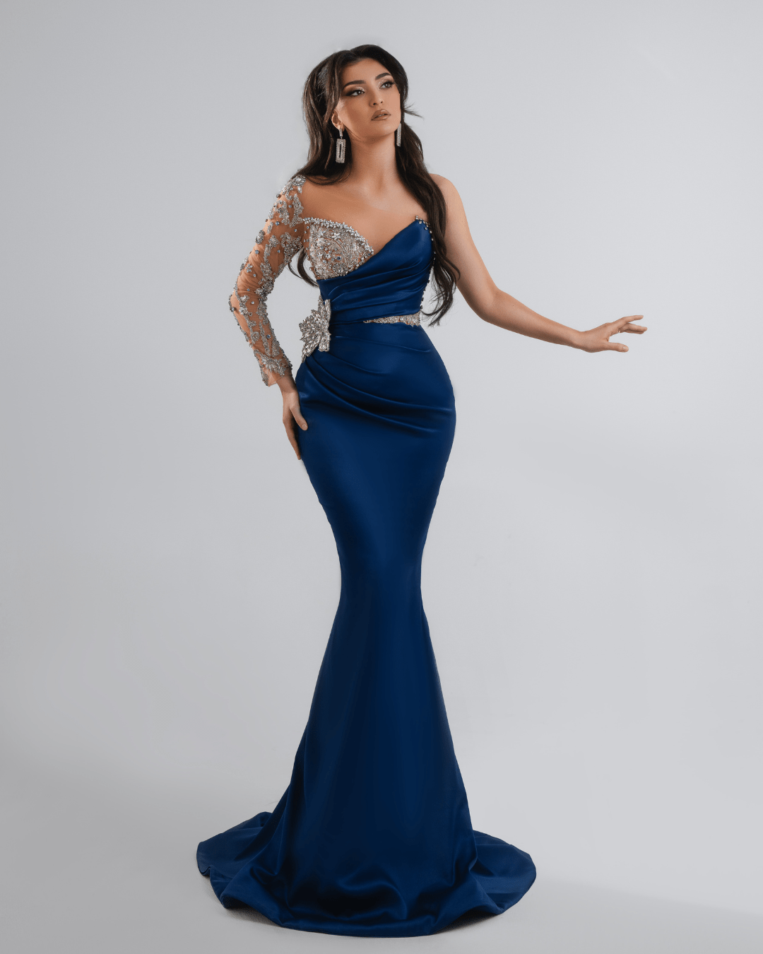 Lonea Royal Blue Long Dress with Crystals and Cape - BLINI