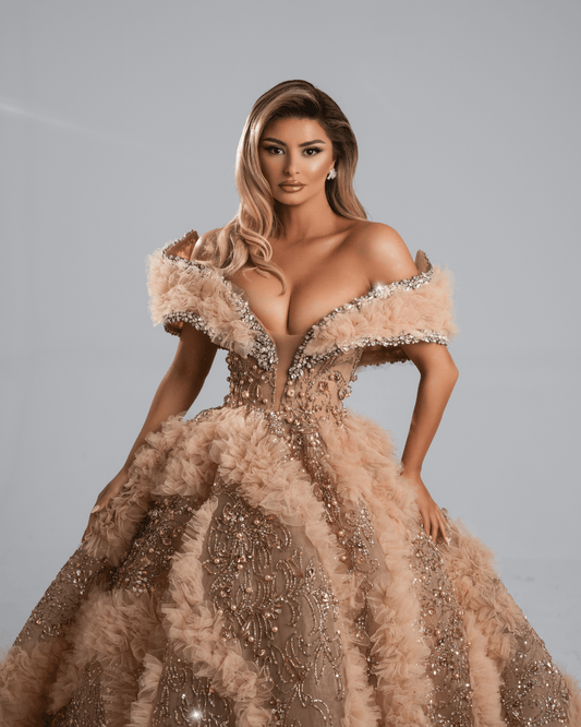 Loria Off Shoulder Ball Gown with Crystals - BLINI