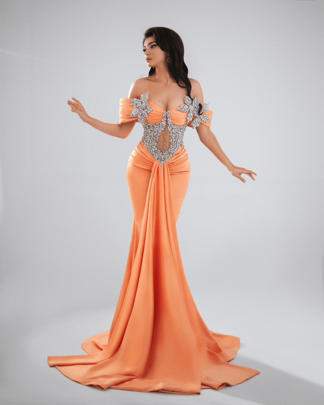Loria Orange Long Dress with Crystals and Cape - BLINI
