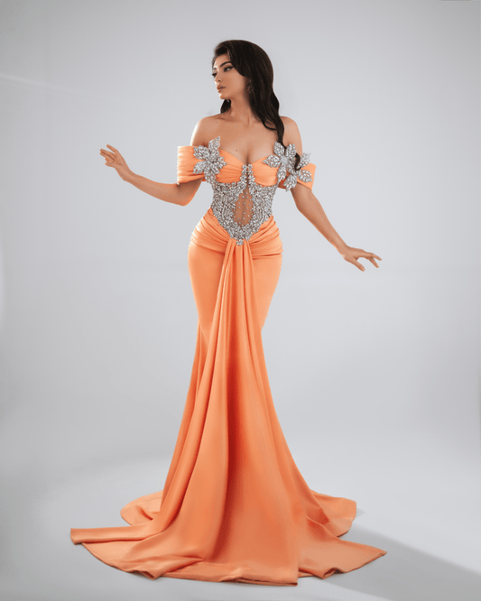 Loria Orange Long Dress with Crystals and Cape - BLINI