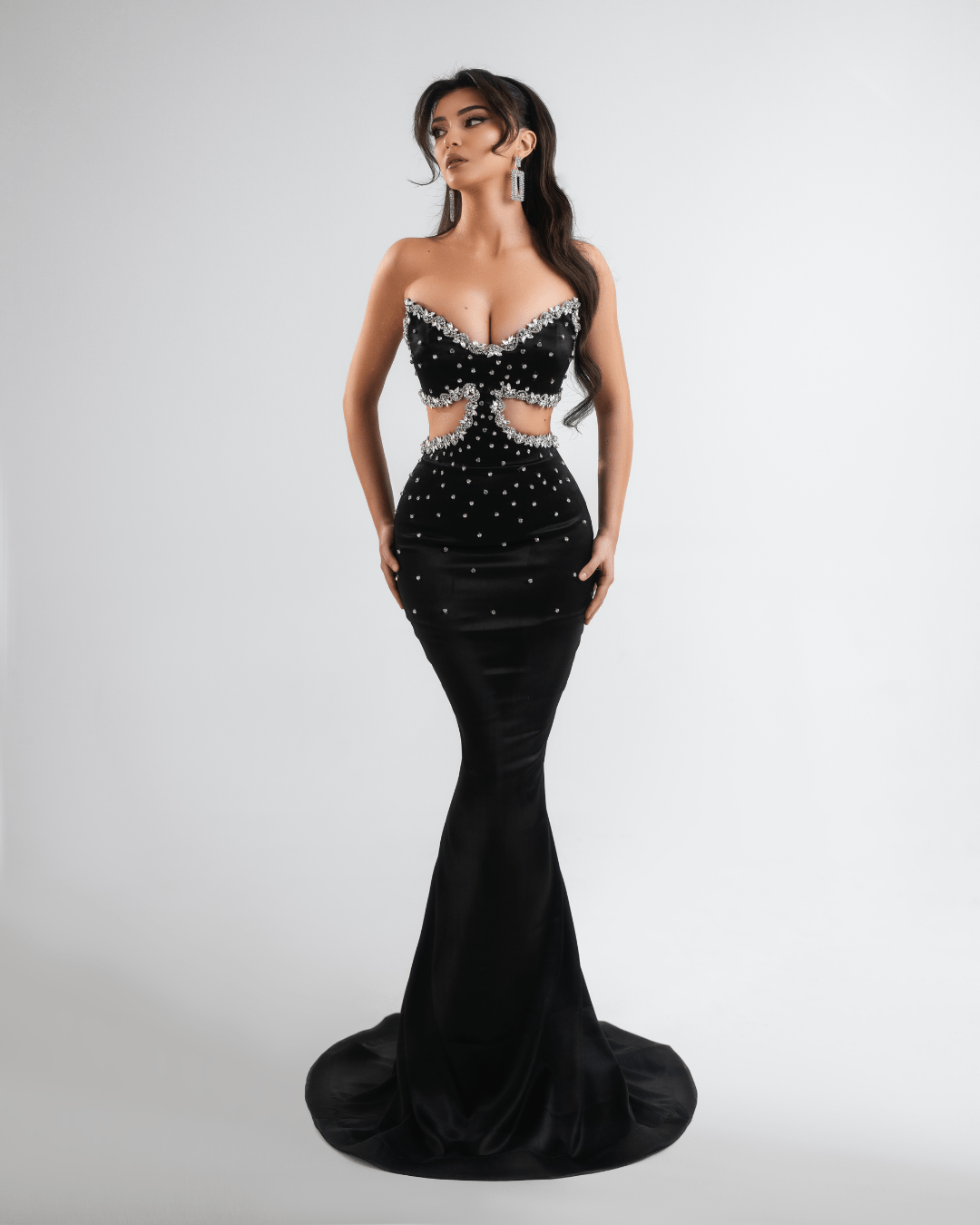 Losea Black Long Dress with Crystals and Cut - Outs - BLINI