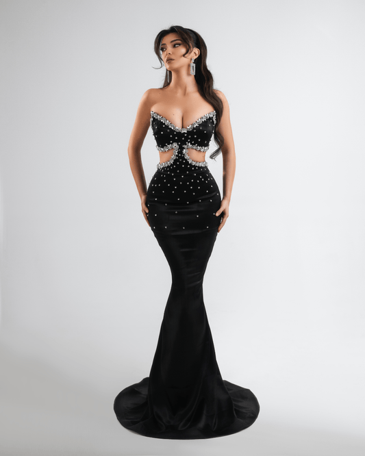 Losea Black Long Dress with Crystals and Cut - Outs - BLINI