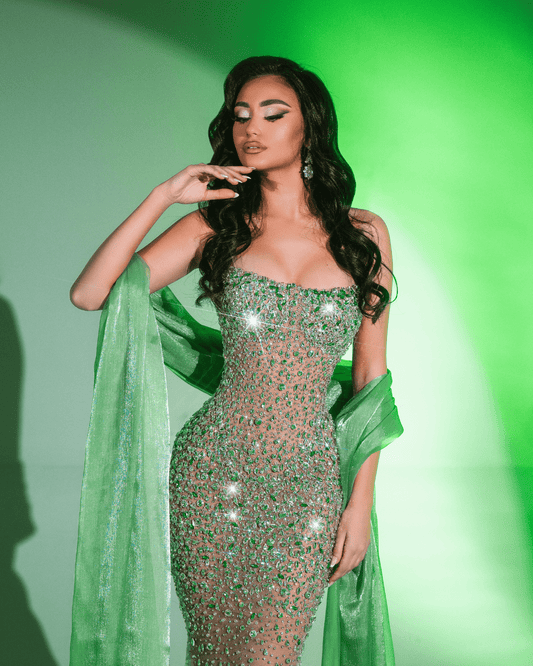 Lotea Green Long Sleeveless Dress with Crystals and Cape - BLINI