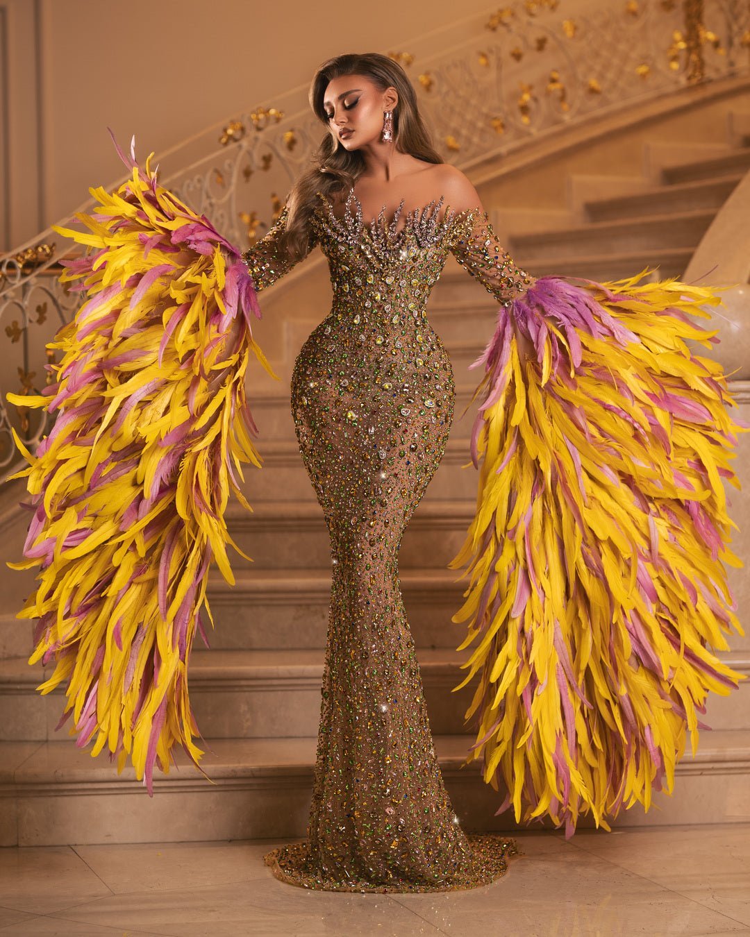 Lottie Dress with Crystals and Feathers - BLINI