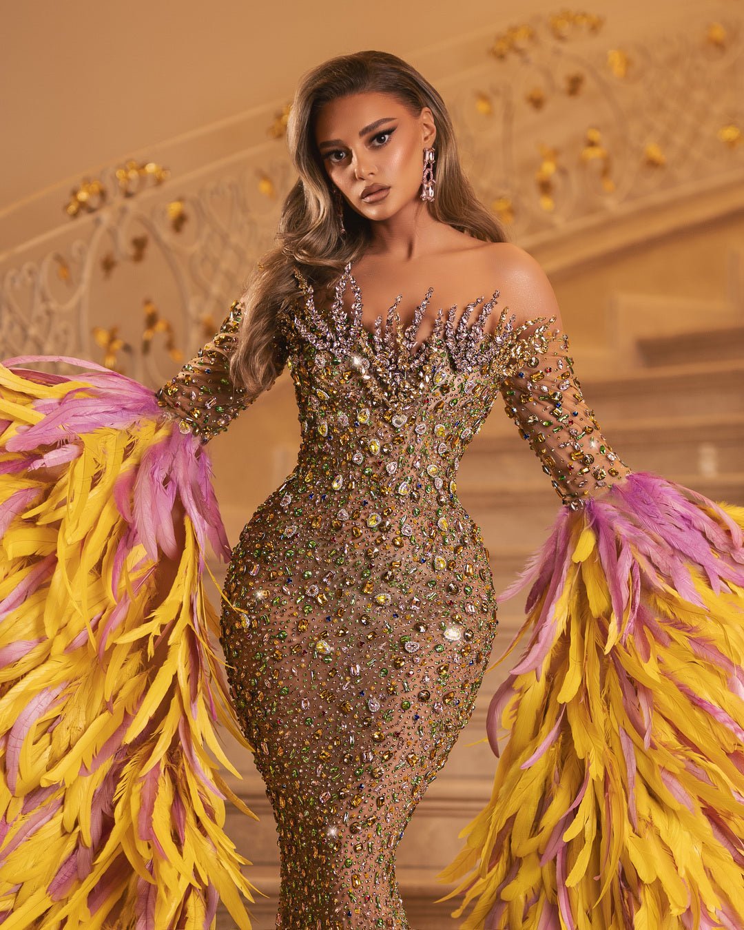 Lottie Dress with Crystals and Feathers - BLINI