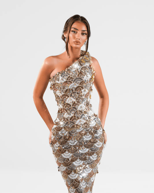 Lumea Gold Long Sleeveless Dress with Crystals and Flowers - BLINI