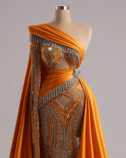 Luminara Orange Dress With Sequined And Satin Fabric - BLINI