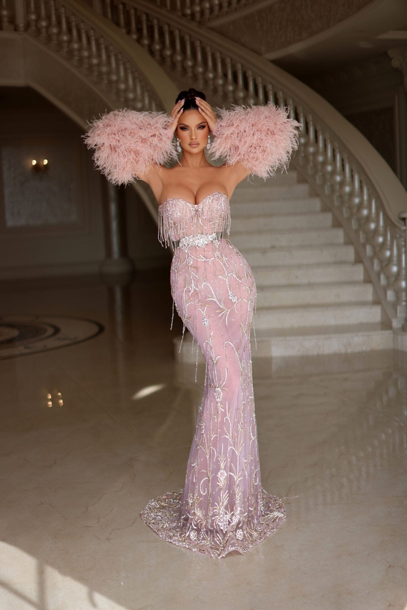 Lumino Pink Dress with Stones and Feathers - BLINI