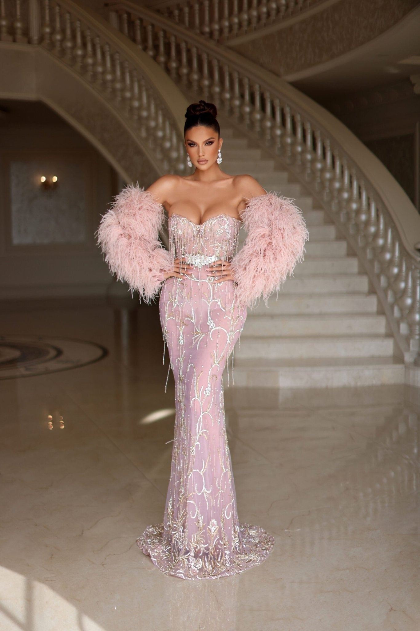 Lumino Pink Dress with Stones and Feathers - BLINI