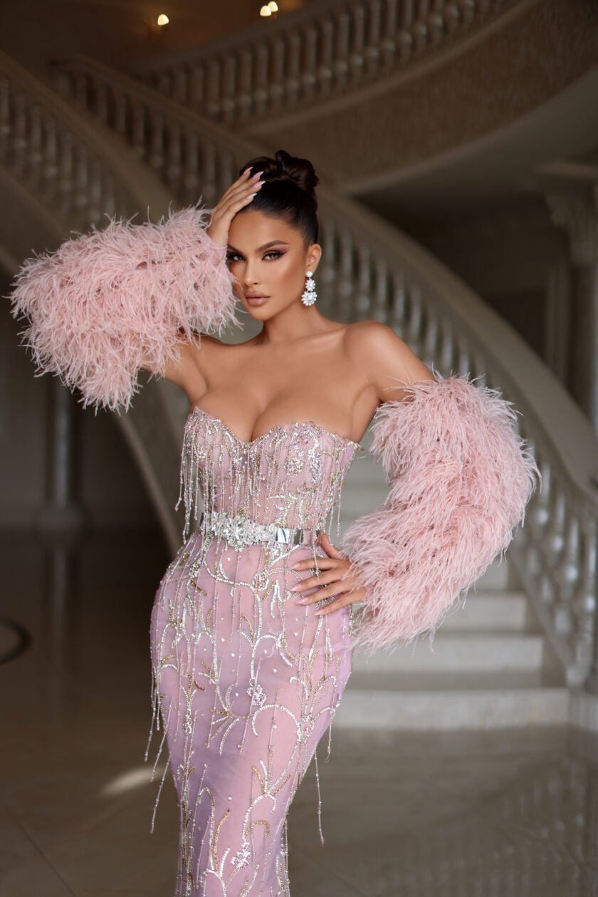 Lumino Pink Dress with Stones and Feathers - BLINI