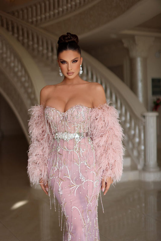 Lumino Pink Dress with Stones and Feathers - BLINI