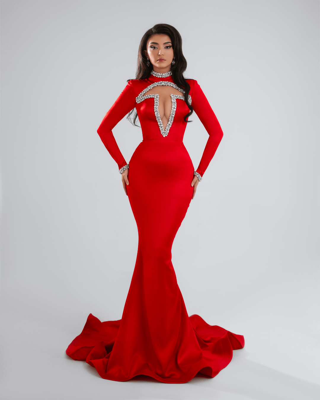 Lunea Red Long Dress with Crystals and Cut Outs - BLINI