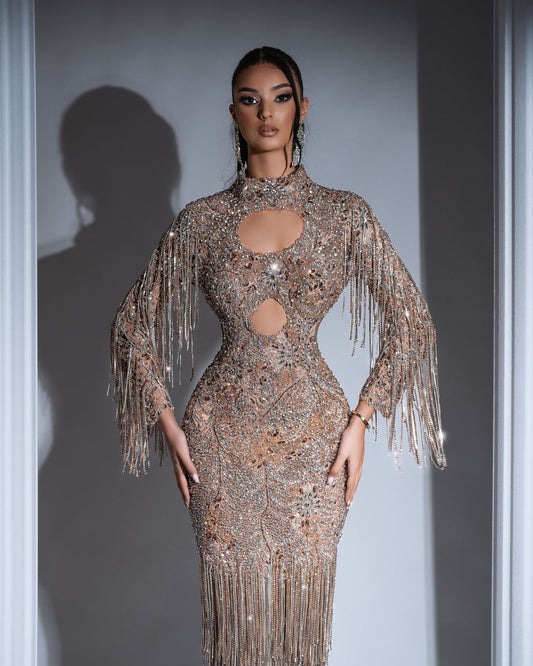 Lyana Gold Dress with Tassels and Crystals - BLINI