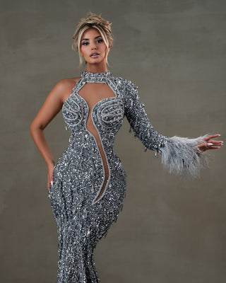 Elegant One-Shoulder Silver Dress with Sequin Fabric and Feather Sleeves