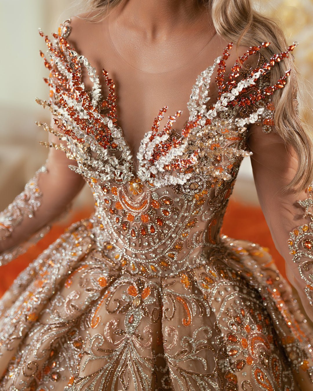 Mademoiselle Orange Gown with Crystals and Feathers - BLINI
