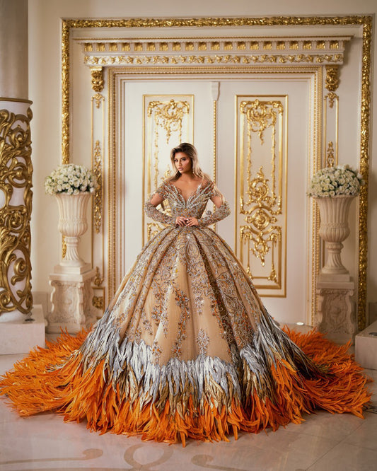 Mademoiselle Orange Gown with Crystals and Feathers - BLINI
