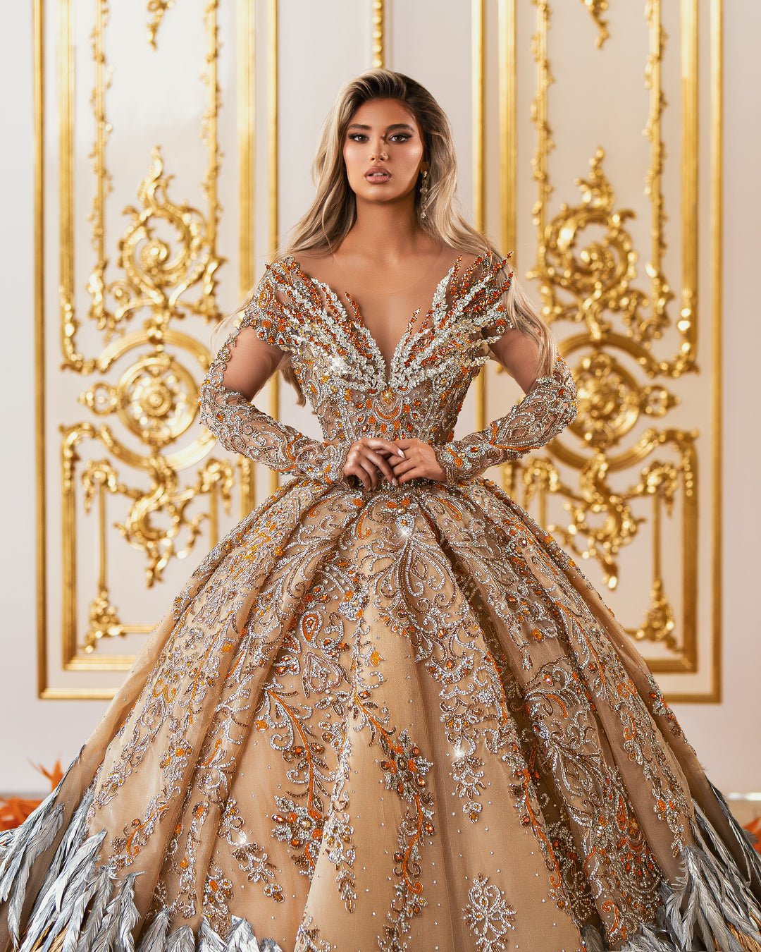 Mademoiselle Orange Gown with Crystals and Feathers - BLINI