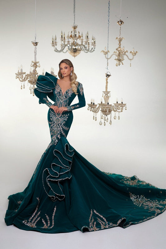 Magnificent Green Dress with Gemstone Details - BLINI